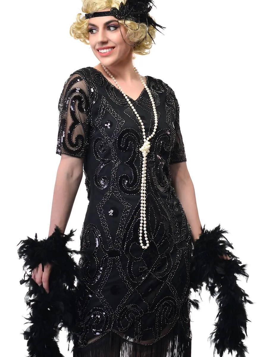 1920s Black Sequinned Womens Gatsby Dress with Short Sleeves