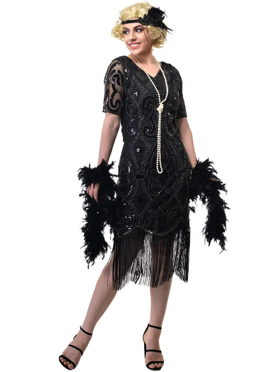 1920s Black Sequinned Womens Gatsby Dress with Short Sleeves