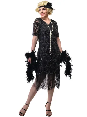 1920s Black Sequinned Womens Gatsby Dress with Short Sleeves