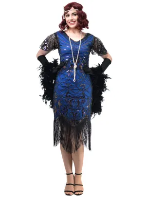 1920s Womens Blue and Black Gatsby Dress Costume with Flutter Sleeves