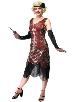 1920s Womens Long Red Flapper Dress with Gold Sequins and Fringing