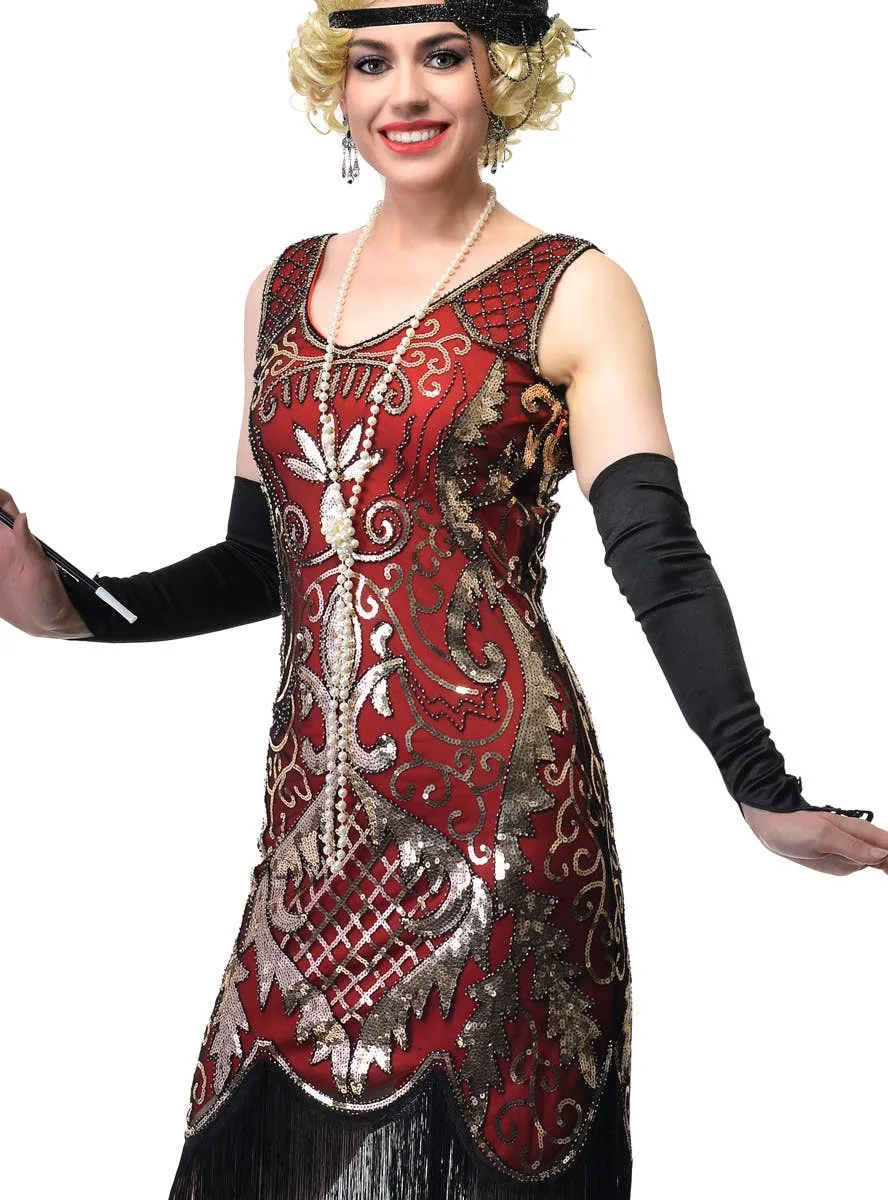 1920s Womens Long Red Flapper Dress with Gold Sequins and Fringing