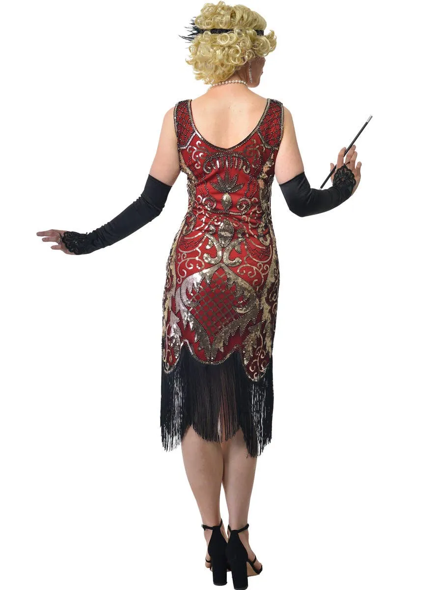 1920s Womens Long Red Flapper Dress with Gold Sequins and Fringing