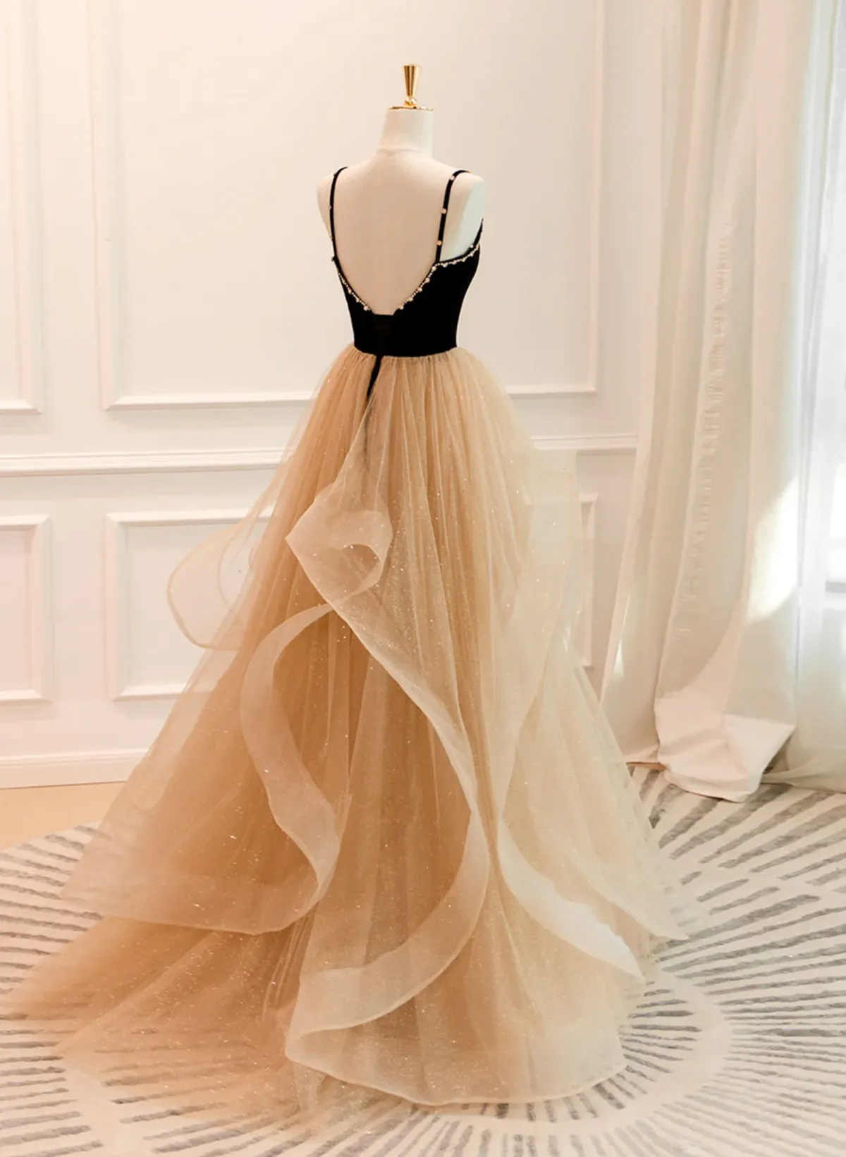 A-Line Champagne Tulle Sweetheart Beaded Long Prom Dress Tulle Layers Party Dress