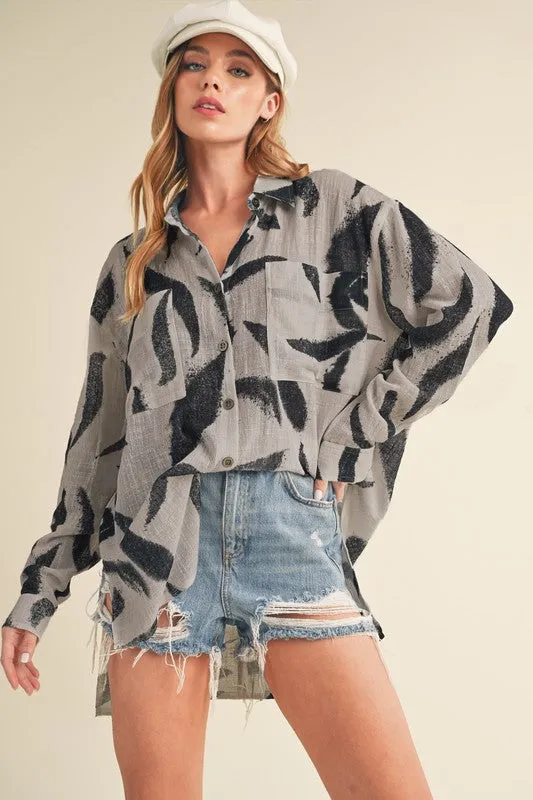 Aemi Co High-Low Printed Button Up Long Sleeve Shirt