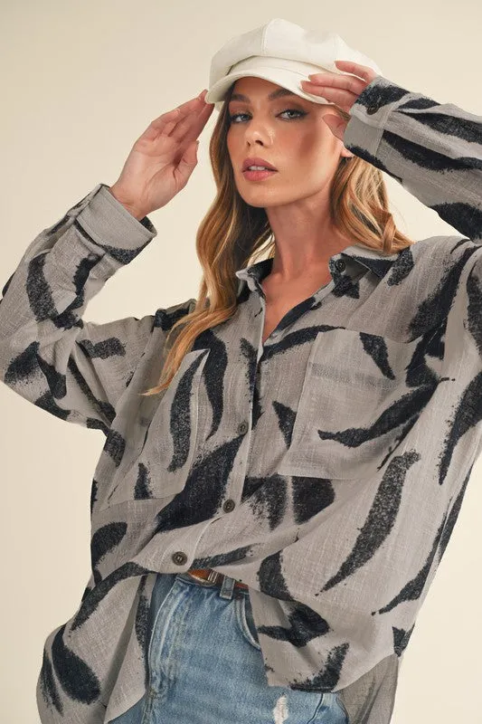 Aemi   Co High-Low Printed Button Up Long Sleeve Shirt