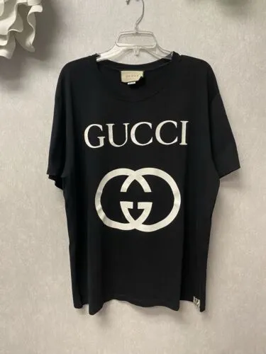 Authentic GUCCI LOGO interlocking T-shirt Black cotton Made in Italy Size XL
