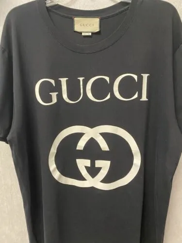 Authentic GUCCI LOGO interlocking T-shirt Black cotton Made in Italy Size XL
