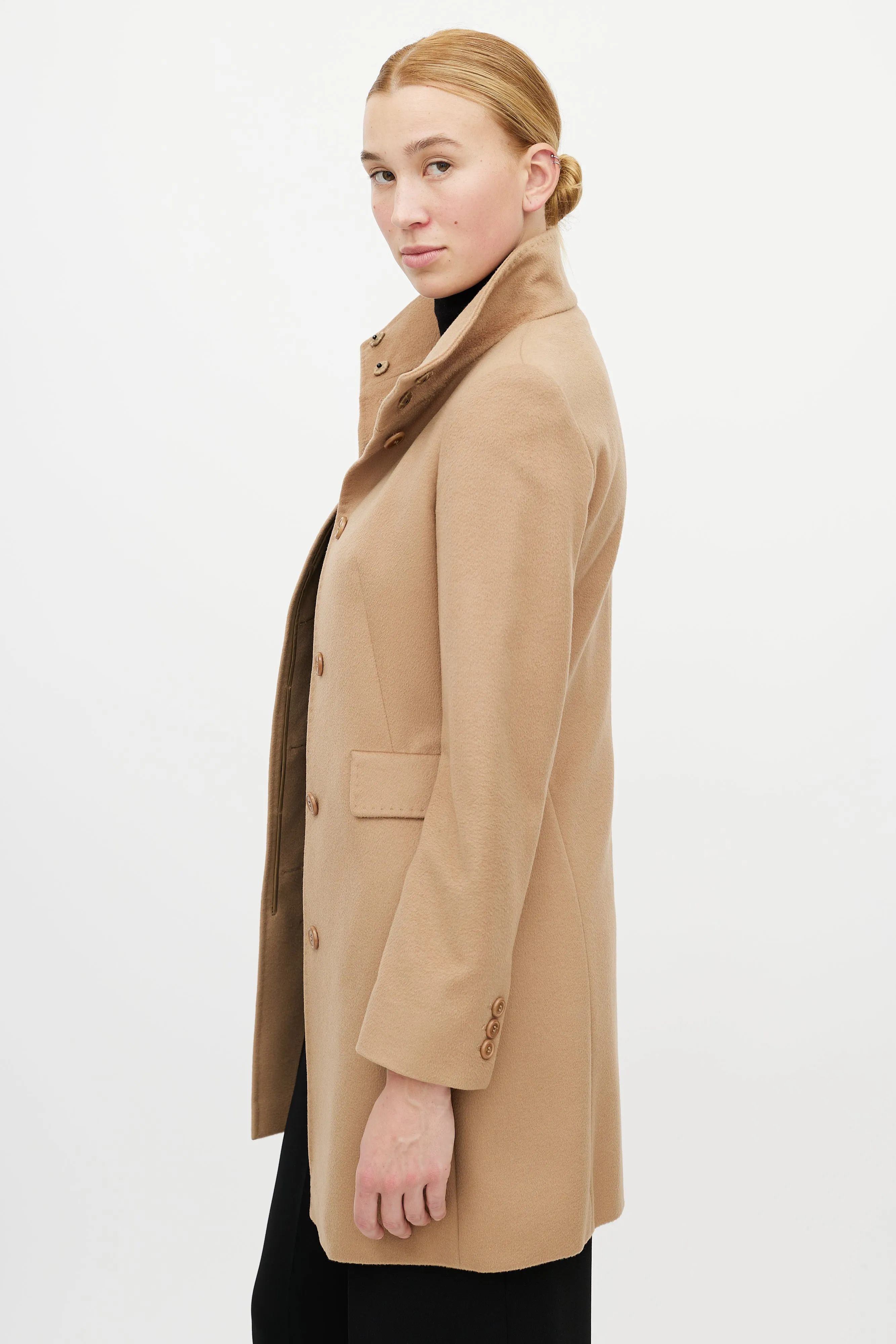 Beige Wool Funnel Neck Coat