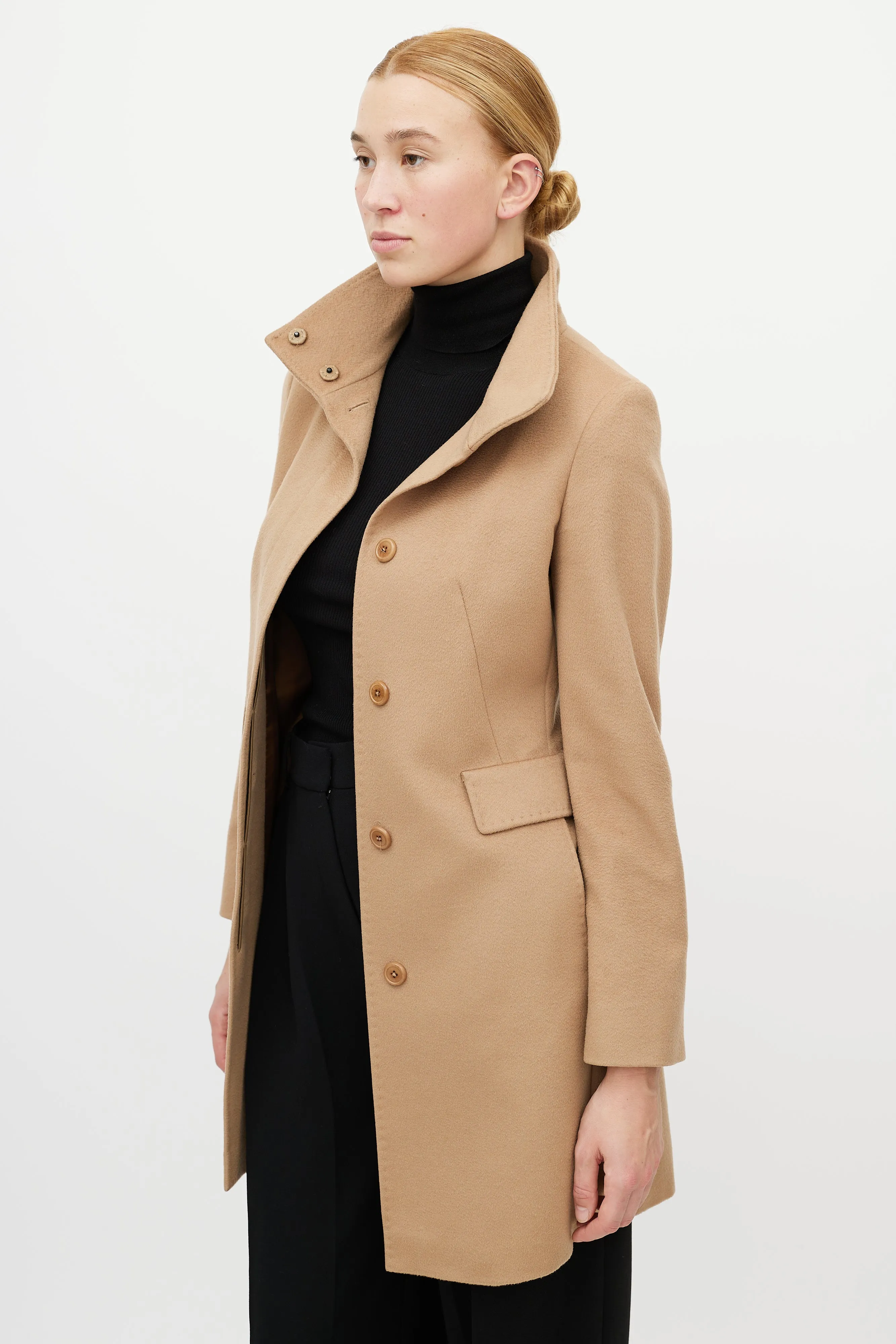 Beige Wool Funnel Neck Coat