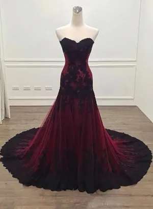 Black And Red Sweetheart Tulle With Lace Glam Evening Gown Party Dress Long Formal Dress