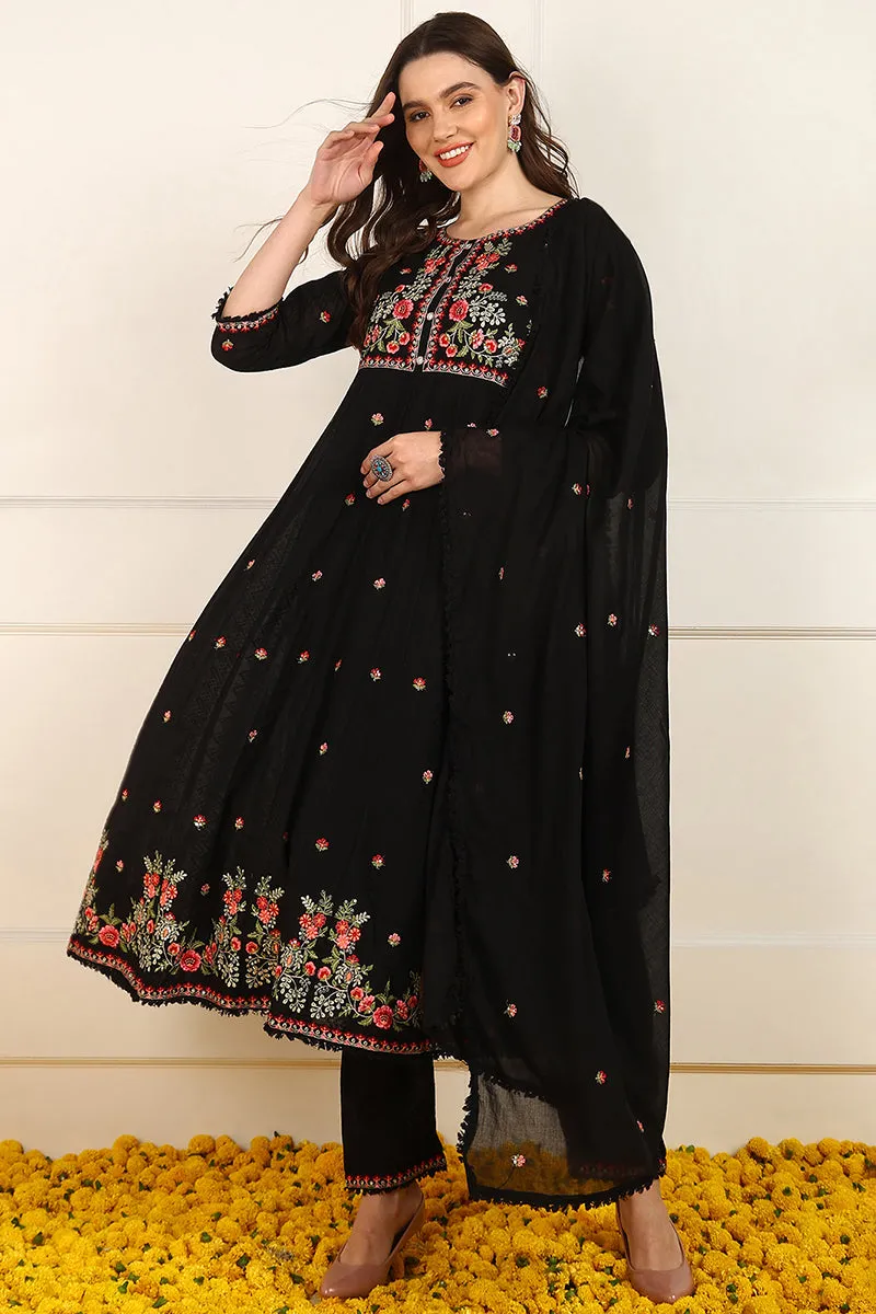 Black Cotton Embroidered Anarkali Suit Set