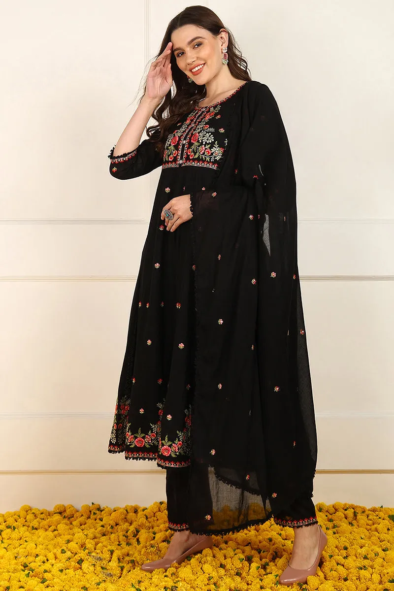Black Cotton Embroidered Anarkali Suit Set