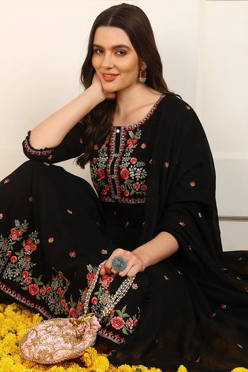Black Cotton Embroidered Anarkali Suit Set
