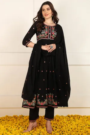 Black Cotton Embroidered Anarkali Suit Set