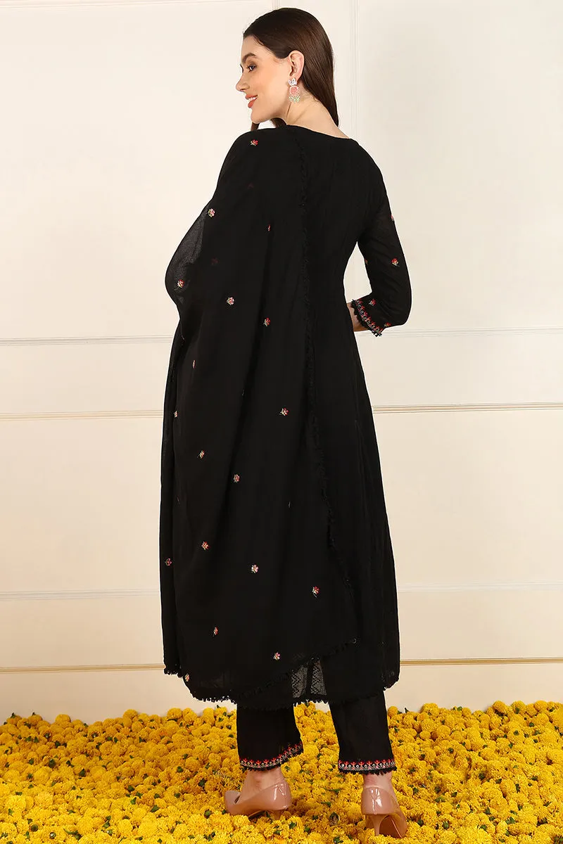 Black Cotton Embroidered Anarkali Suit Set