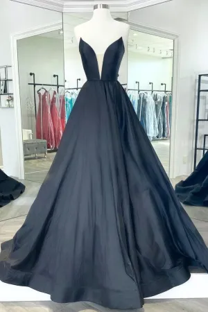Black Satin Long A-Line Prom Dress Black Evening Party Dress
