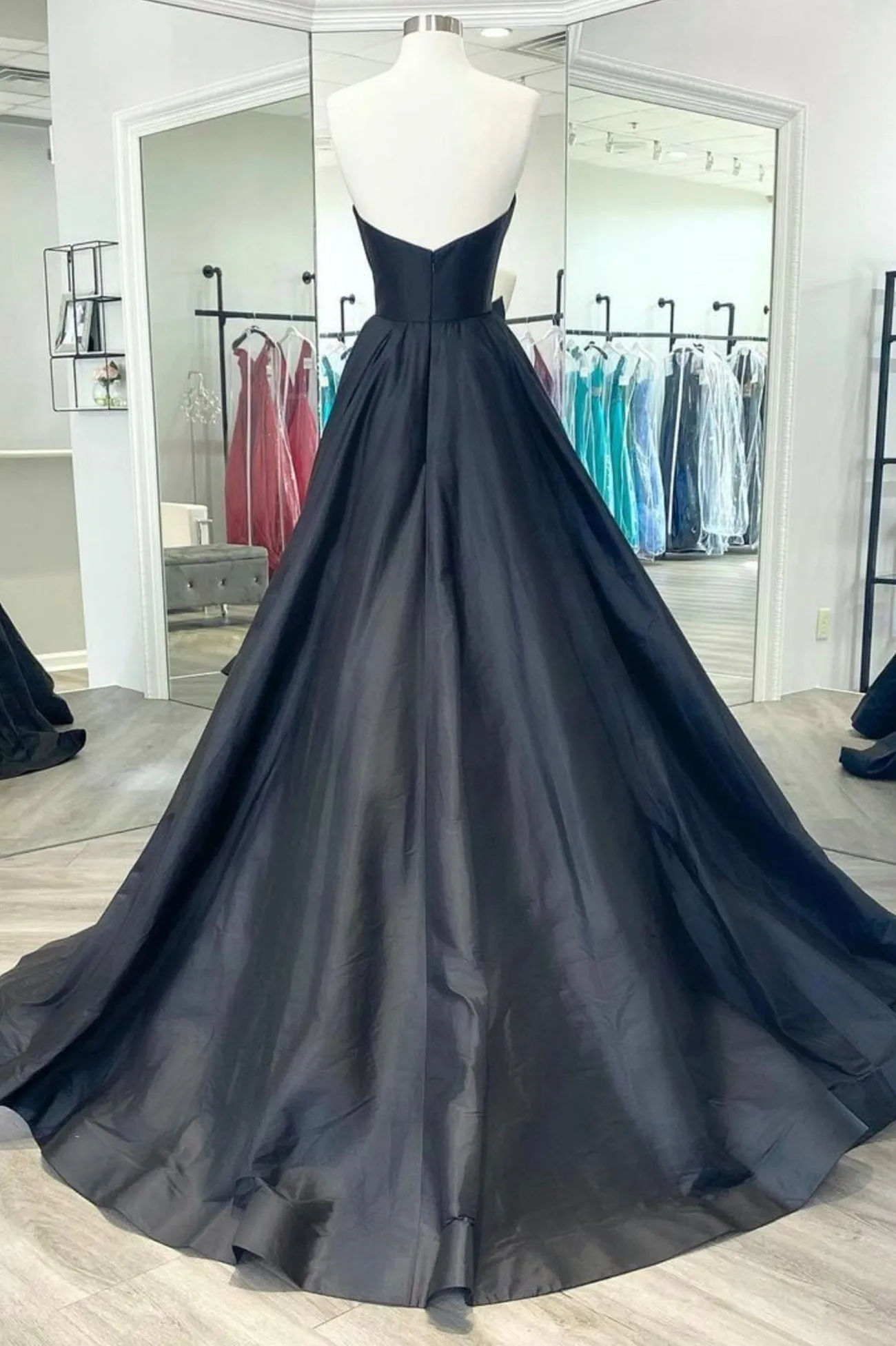 Black Satin Long A-Line Prom Dress Black Evening Party Dress