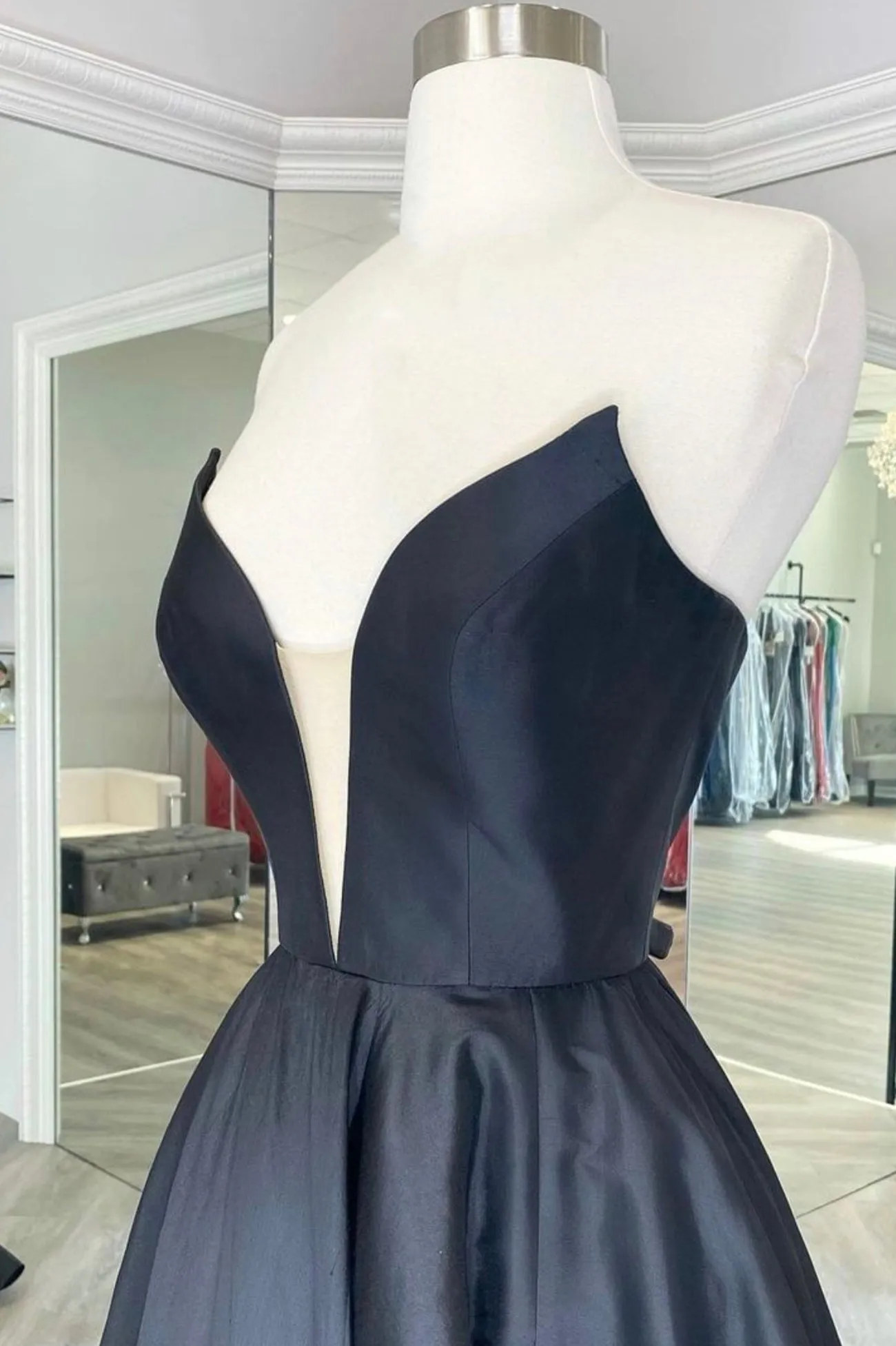 Black Satin Long A-Line Prom Dress Black Evening Party Dress