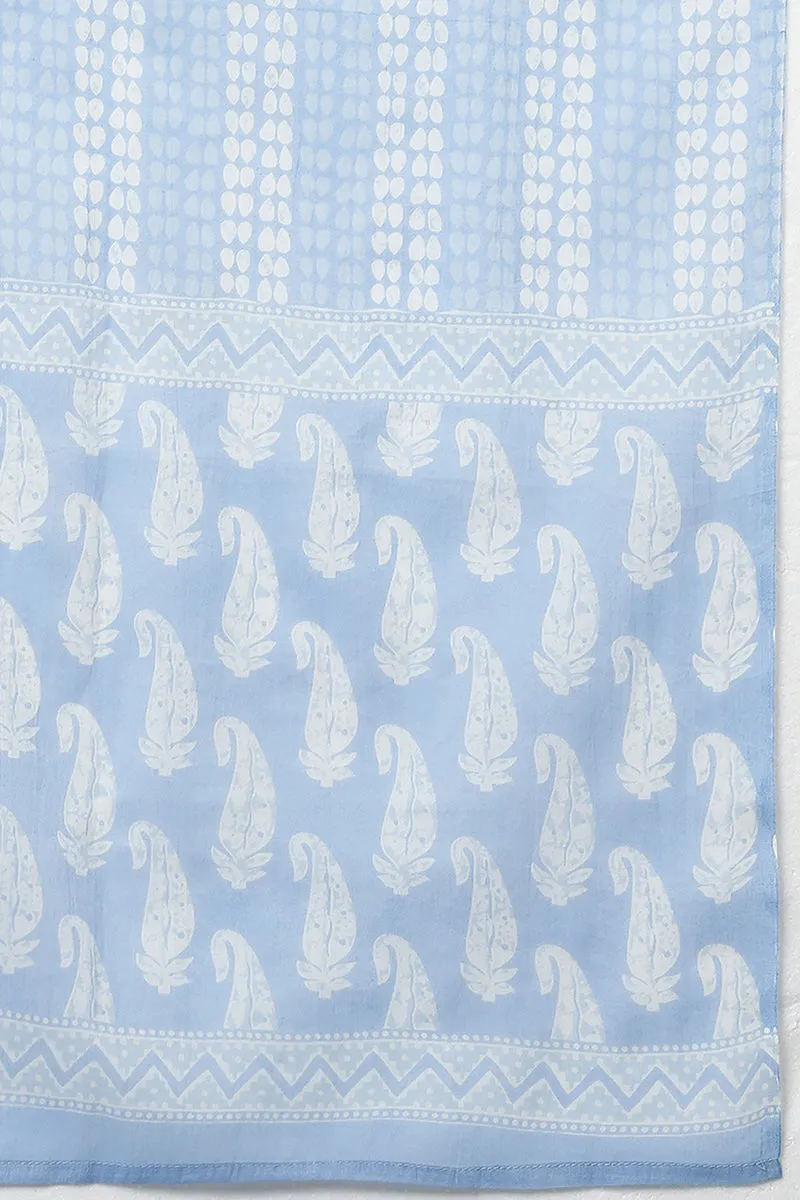 Blue Rayon Blend Paisley Printed Straight Suit Set