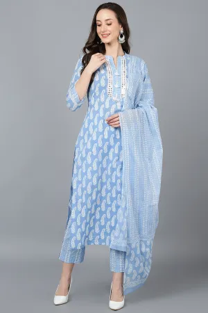 Blue Rayon Blend Paisley Printed Straight Suit Set