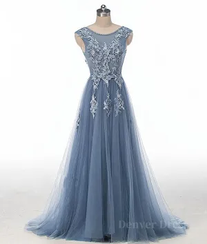 Blue round neck tulle lace applique long prom dress blue evening dress