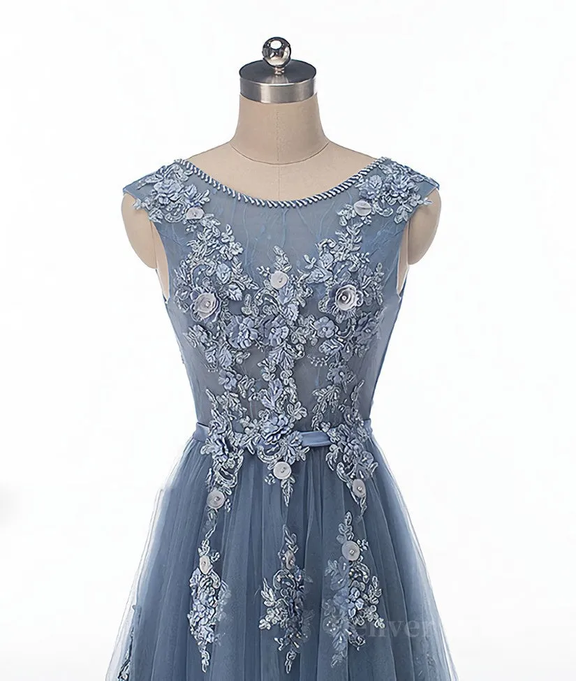 Blue round neck tulle lace applique long prom dress blue evening dress