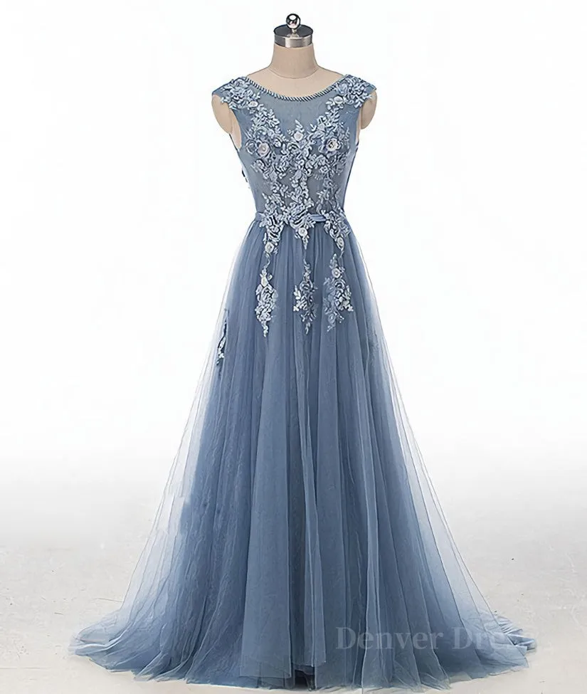 Blue round neck tulle lace applique long prom dress blue evening dress
