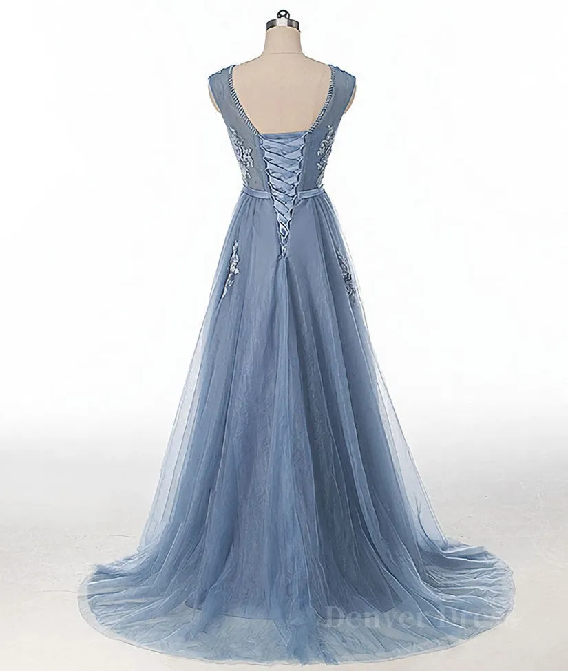 Blue round neck tulle lace applique long prom dress blue evening dress