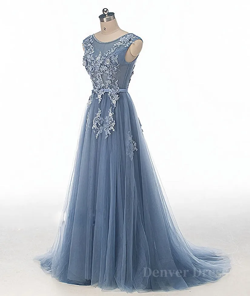 Blue round neck tulle lace applique long prom dress blue evening dress