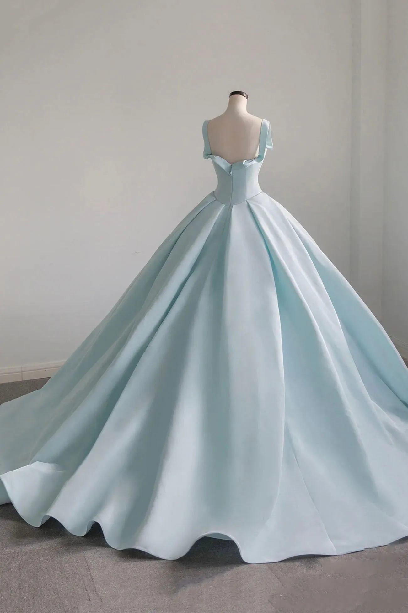 Blue Satin Long A-Line Ball Gown Blue Evening Gown with Train