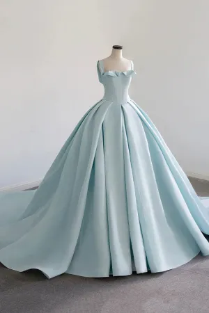 Blue Satin Long A-Line Ball Gown Blue Evening Gown with Train