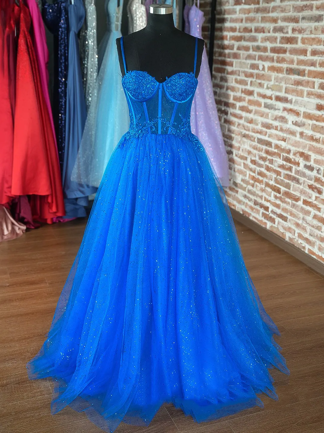 Blue Spaghetti Strap Tulle Formal Dress Blue Evening Dress with Lace
