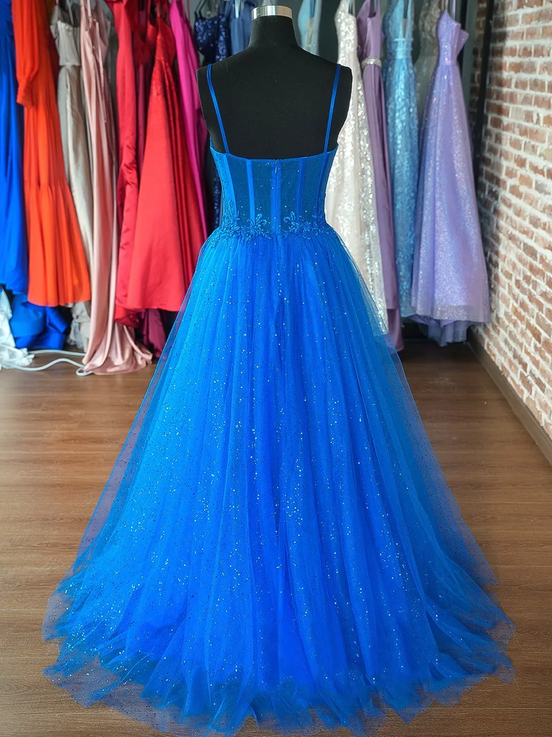 Blue Spaghetti Strap Tulle Formal Dress Blue Evening Dress with Lace