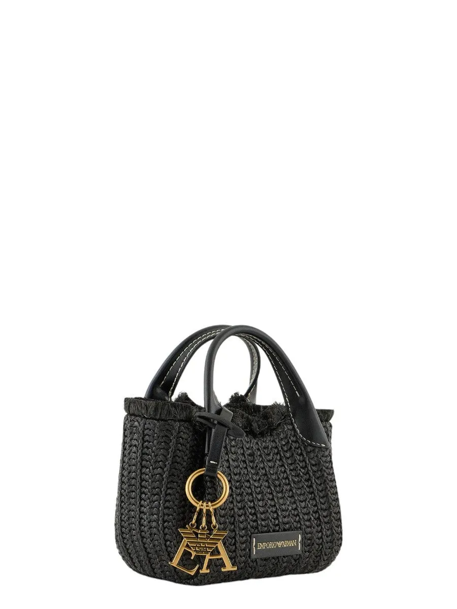 Borsa a mano in paglia intrecciata con charm logo
