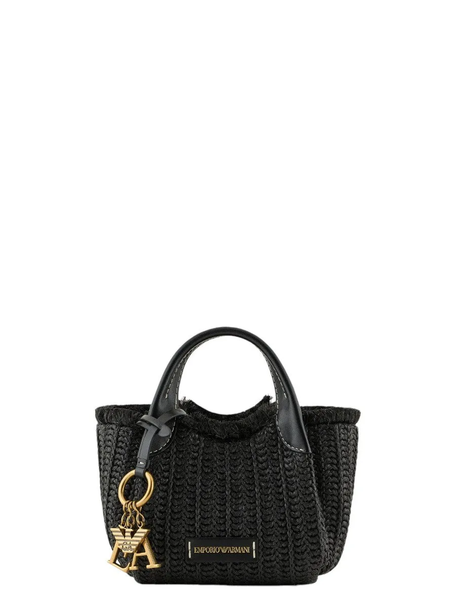 Borsa a mano in paglia intrecciata con charm logo