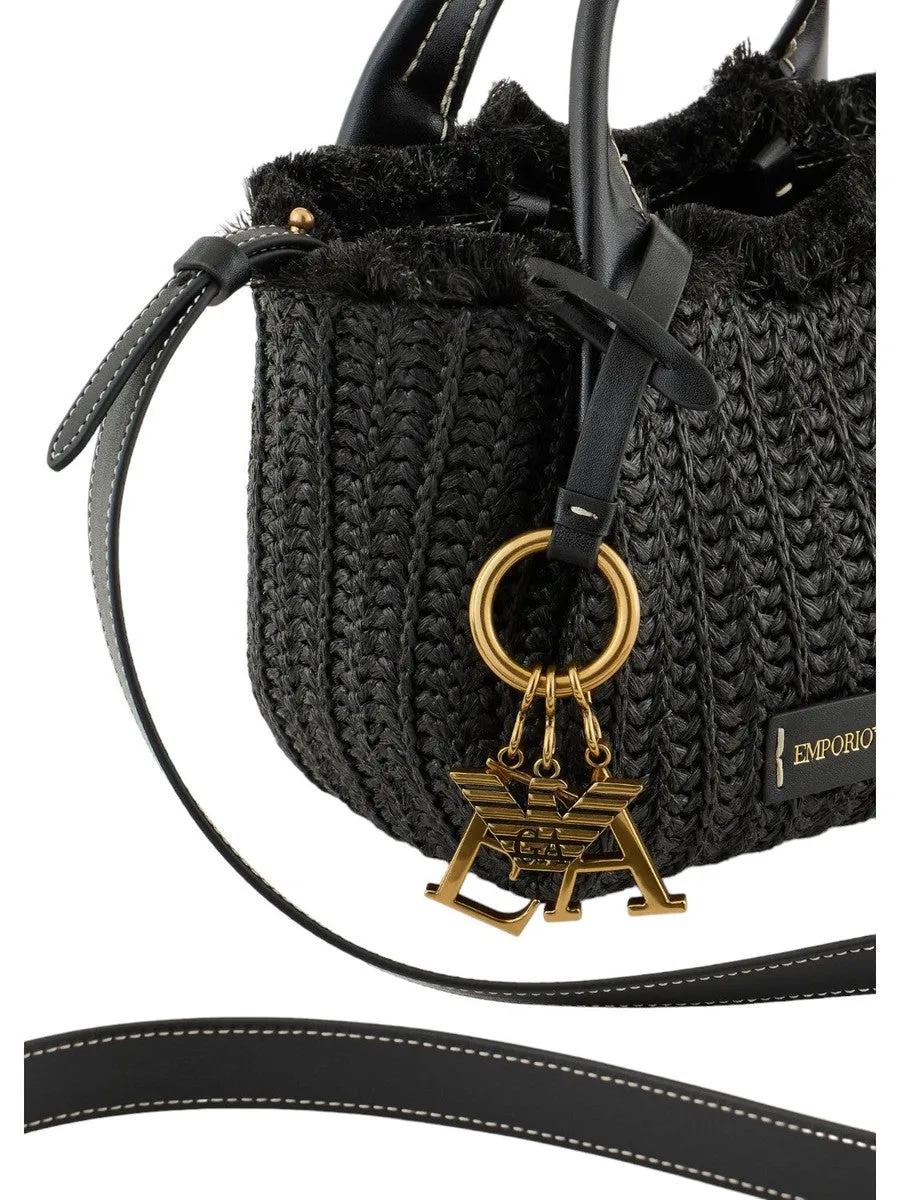 Borsa a mano in paglia intrecciata con charm logo