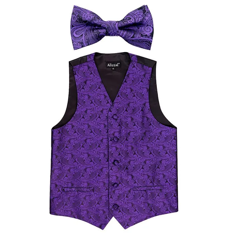 Boy's Floral Jacquard Party Pre-Tied Bow Tie and Suit Vest Set, 079-Dark Purple