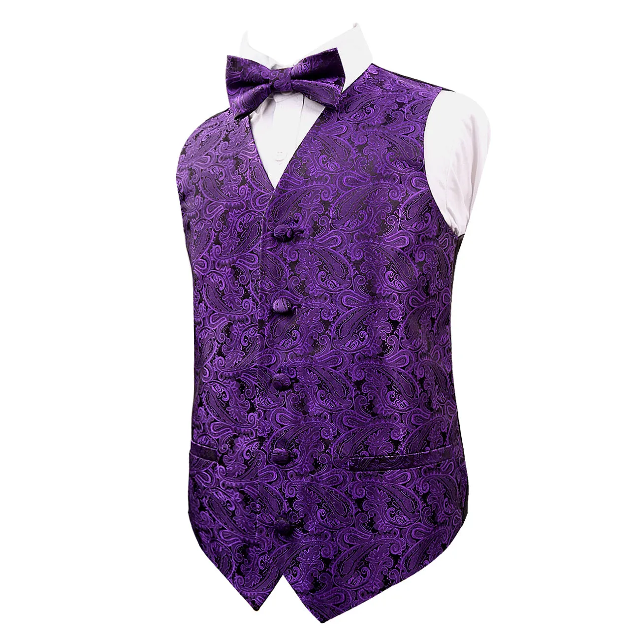 Boy's Floral Jacquard Party Pre-Tied Bow Tie and Suit Vest Set, 079-Dark Purple