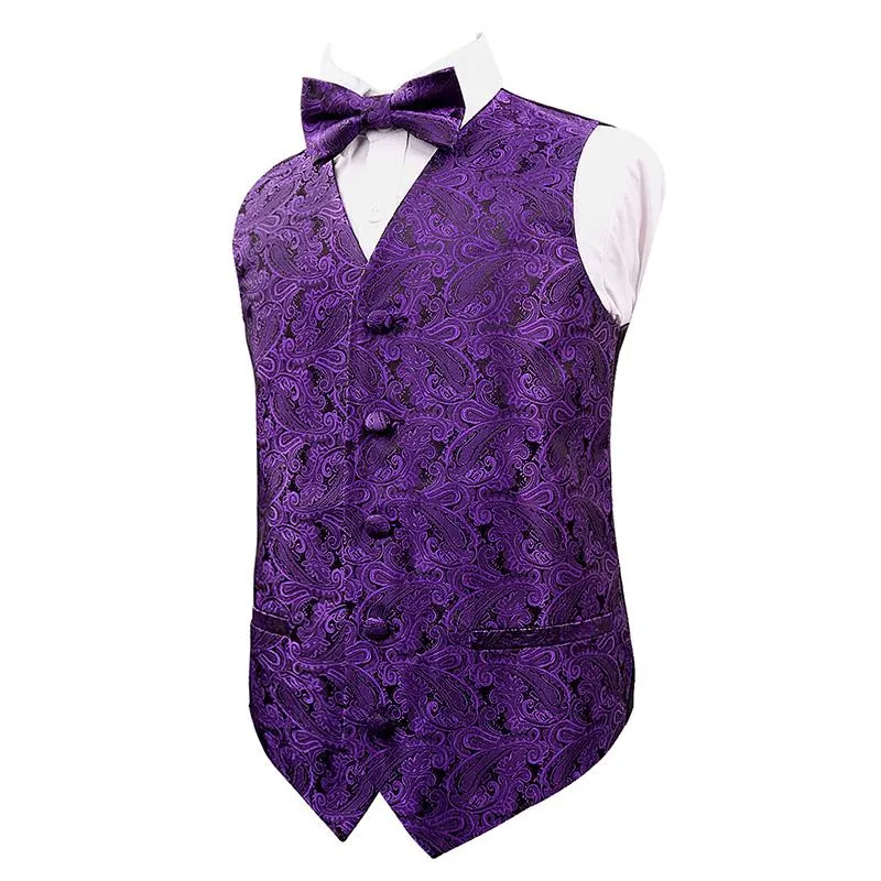 Boy's Floral Jacquard Party Pre-Tied Bow Tie and Suit Vest Set, 079-Dark Purple