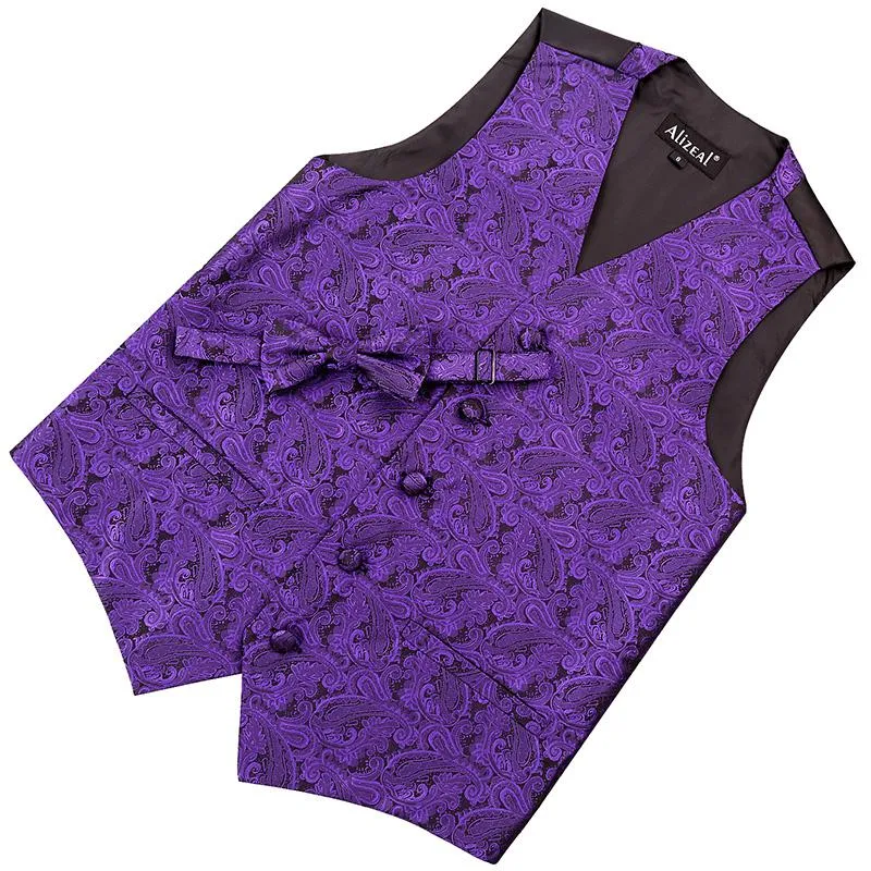 Boy's Floral Jacquard Party Pre-Tied Bow Tie and Suit Vest Set, 079-Dark Purple