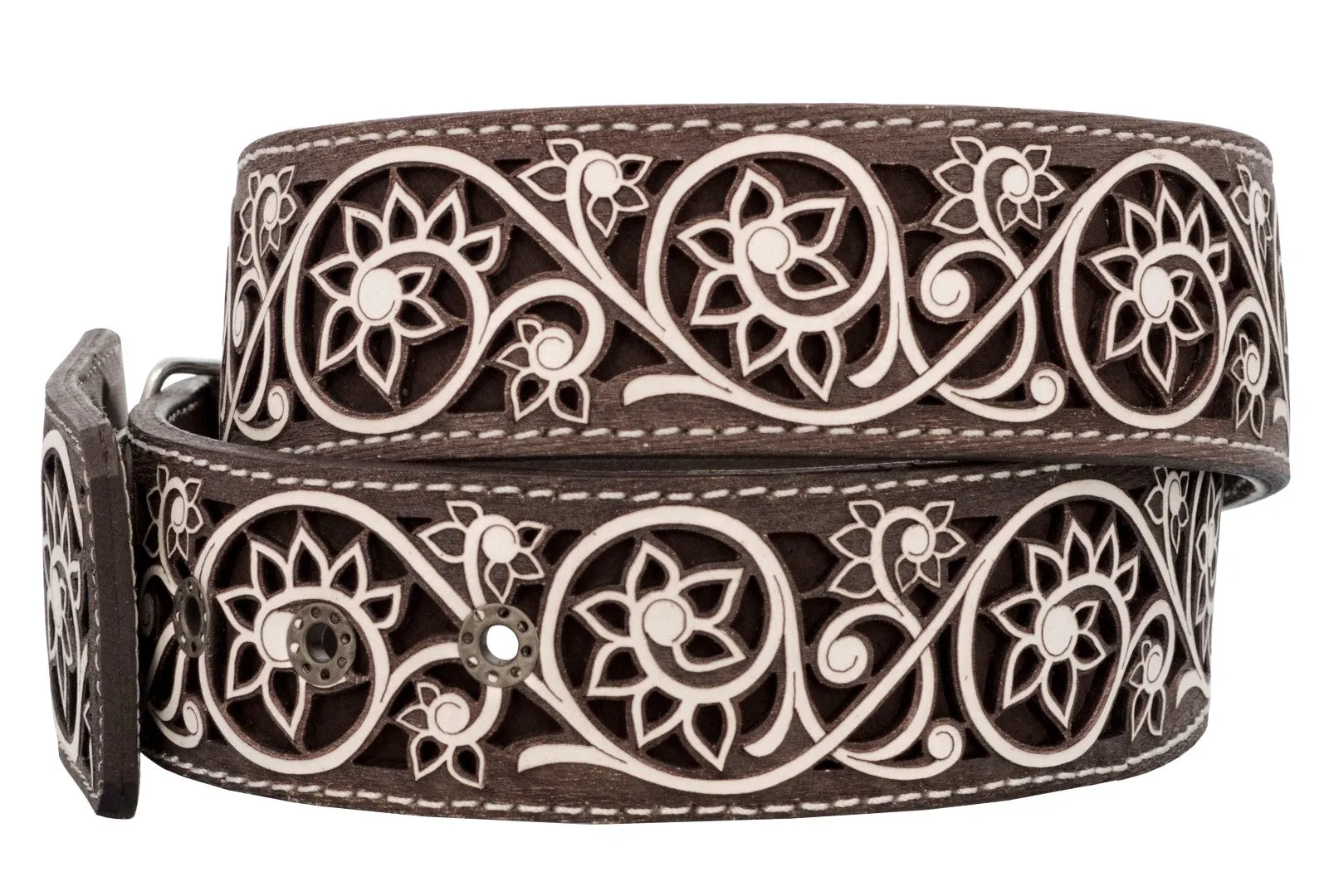 Brown Western Cowboy Leather Belt Floral Overlay - Rodeo Buckle