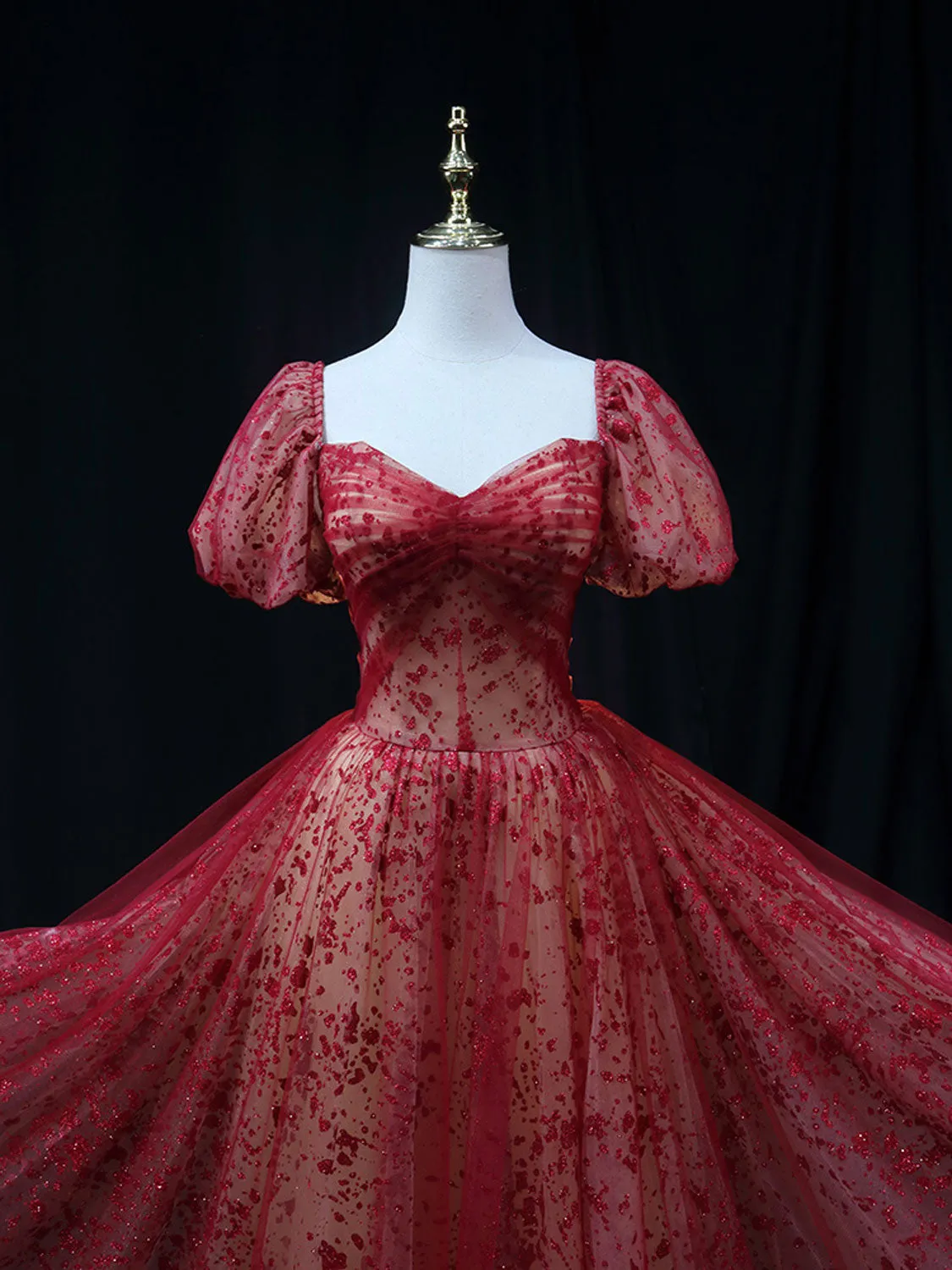 Burgundy A line Tulle Sequin Long Prom Dress Burgundy Tulle Formal Evening Dress