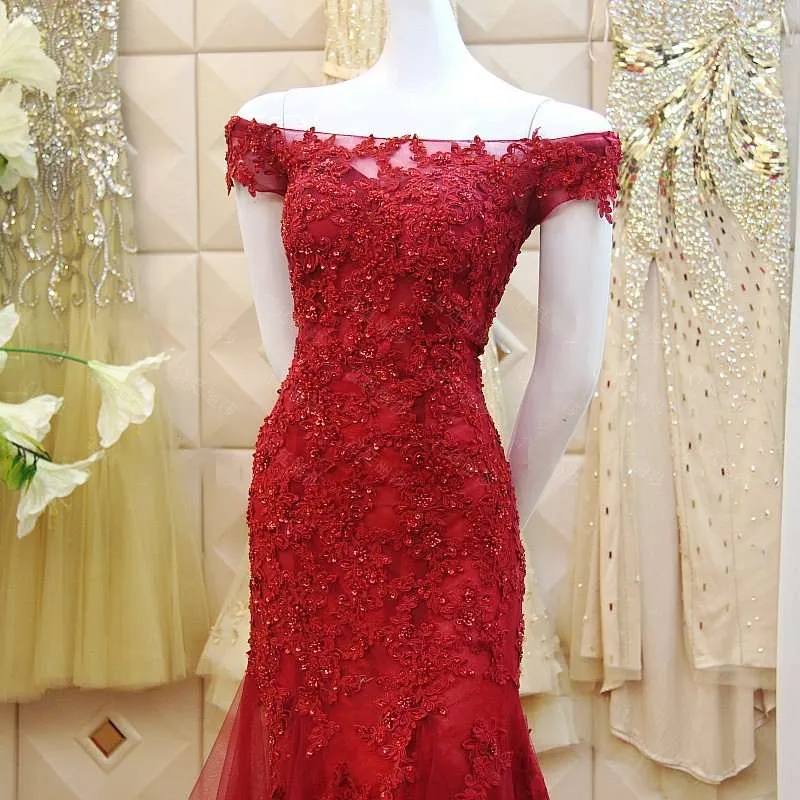 Burgundy Mermaid Tulle Evening Gown with Lace Applique Off Shoulder Prom Dress