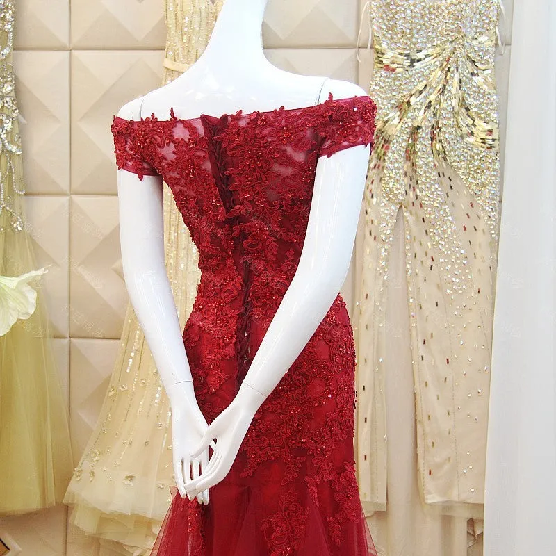 Burgundy Mermaid Tulle Evening Gown with Lace Applique Off Shoulder Prom Dress