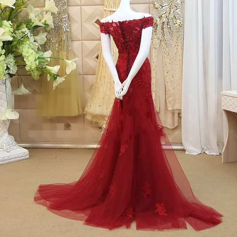Burgundy Mermaid Tulle Evening Gown with Lace Applique Off Shoulder Prom Dress
