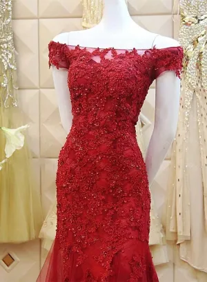 Burgundy Mermaid Tulle Evening Gown with Lace Applique Off Shoulder Prom Dress
