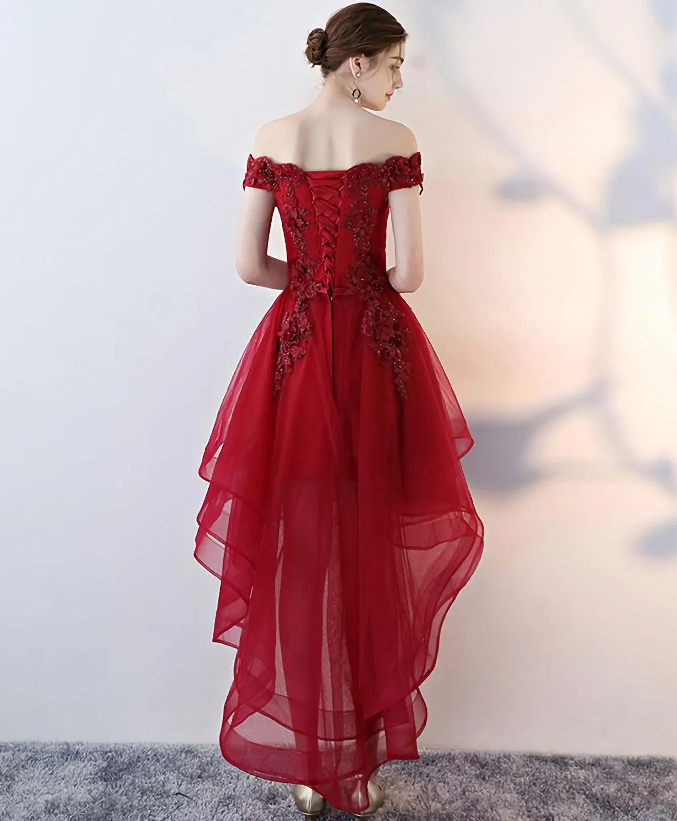 Burgundy Tulle Lace Off Shoulder Prom Dress Tulle Homecoming Dress