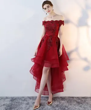 Burgundy Tulle Lace Off Shoulder Prom Dress Tulle Homecoming Dress