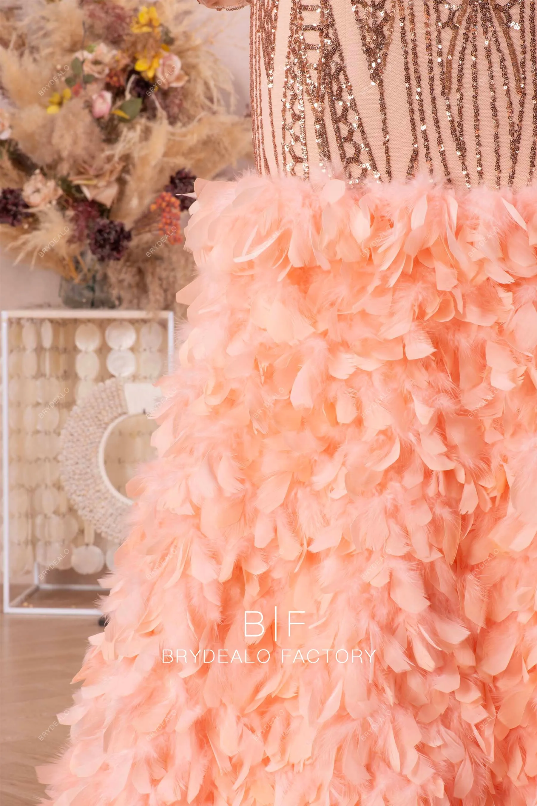 Champagne Gold Plus Size Sparkly Sequin Feather Trumpet Prom Dress